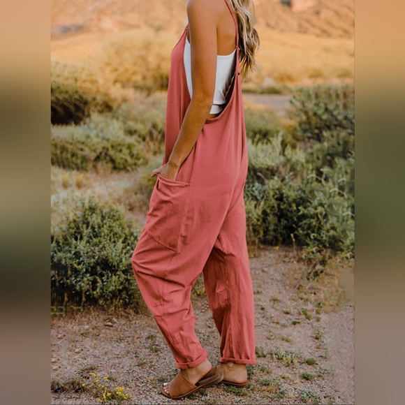 Oversized Hippie V-Neck Sleeveless Wide Leg Pant Pocket Jumpsuit Minimalist - Picture 2 of 7